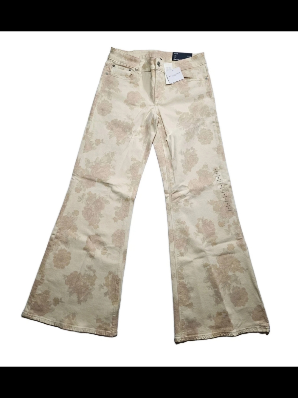 American Eagle Floral Flare Jeans Low Rise Stretch Beige Cream Size 2 Regular NW